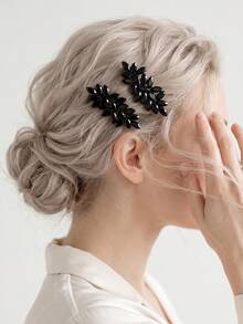 2pcs Black Rhinestone Leaf Spring Hair Clips, Vintage Dark Style Side Bangs Clips, Alloy Rhinestone Studded Hair Accessories - Black - View 6