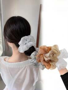 1 buah/3 buah/4 buah Ikat Rambut Wanita Lembut Elegan Warna Polos Berlipit Dua Lapis Renda Berumbai 28cm Super Besar, Penahan Ekor Kuda, Aksesori Rambut - MultiWarna - View 13