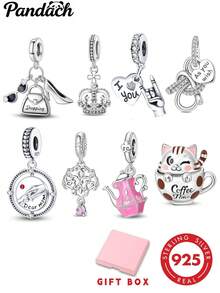 1pc S925 Sterling Silver Lifestyle Charm Bead, Crown, Heart Gesture, Commemorative Plaque, Teapot Coffee Cat Multiple Styles, Colorful Zirconia Enamel Exquisite Details, Comes With Gift Box, Suitable For Bracelet Necklace, Handmade DIY Jewelry, Daily Gentle Gift Accessory - Multicolor - View 1