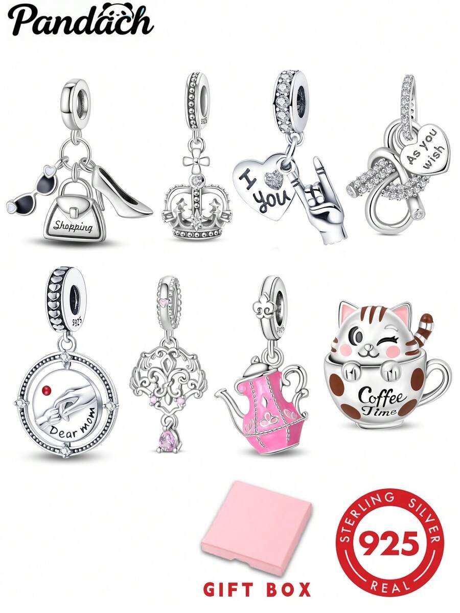1pc S925 Sterling Silver Lifestyle Charm Bead, Crown, Heart Gesture, Commemorative Plaque, Teapot Coffee Cat Multiple Styles, Colorful Zirconia Enamel Exquisite Details, Comes With Gift Box, Suitable For Bracelet Necklace, Handmade DIY Jewelry, Daily Gentle Gift Accessory - Multicolor - View 1