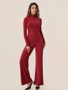 TimeOff Women's One Set Autumn/Winter Solid Color Stand Collar Jacket & High Waist Straight Leg Wide Leg Pants - Burgundy - View 10