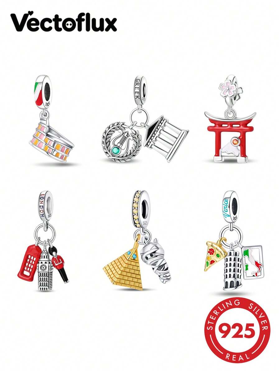 Vectoflux 1pc Global Travel Style S925 Sterling Silver Hypoallergenic World Travel Landmark Italy Egypt Greece Japan London Charm Pendant For Women DIY Bracelet Necklace Making Birthday Gift - Multicolor - View 1