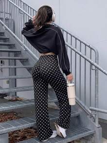 Women's Polka Dot High Waist Flare Yoga Pants, Tummy Control Butt Lifting High Elastic Breathable Soft Lightweight Fitness Casual Long Pants - Black and White - View 7