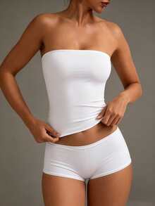 XLLAIS Sexy Strapless Basic Camisole, Fashionable Solid Color Elastic Fitted White Tube Top, Suitable For All Seasons Casual Summer, Clean Girl Aesthetic - White - View 10