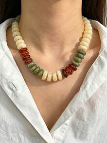1pc European & American Bohemian Style Personalized Colorful Patchwork Large Asymmetrical Acrylic Beaded Necklace For Women, Vacation & Daily Wear - Handmade Acrylic Beaded Necklace - View 3