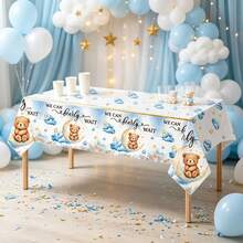 1/3PCS Disposable Plastic Table Cover, 51*86 Inch Rectangular Tablecloth, Cute Cartoon Elephant & Bear Pattern Decorated With Clouds, Stars And Blue Roses, Lue Animal Design, For Shower Party, Gender Reveal Gathering, Table Setting Supplies - Blue Teddy Bear - View 5