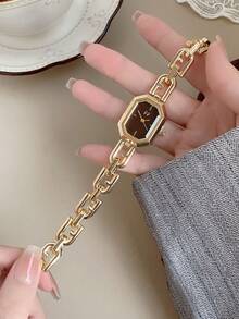 1件女性金色方形手鍊石英手錶，精緻小巧時尚，適合日常配戴，生日/畢業禮物，休閒風格 - 金色 - 查看 2