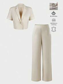 Set da 2 pezzi in lino, colore unito, elegante, casual, sexy, da ufficio, quotidiano, appuntamento, vacanza, estivo, leggero, traspirante, design, set estivo da donna, outfit estivi - Albicocca - Visualizzare 5