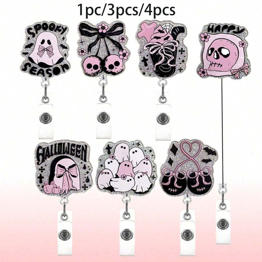 1 pièce/3 pièces/4 pièces Enrouleur de badge rétractable avec clip, motif crâne Halloween pailleté en acrylique noir et rose, convient aux professionnels de santé - Multicolore - Voir 1
