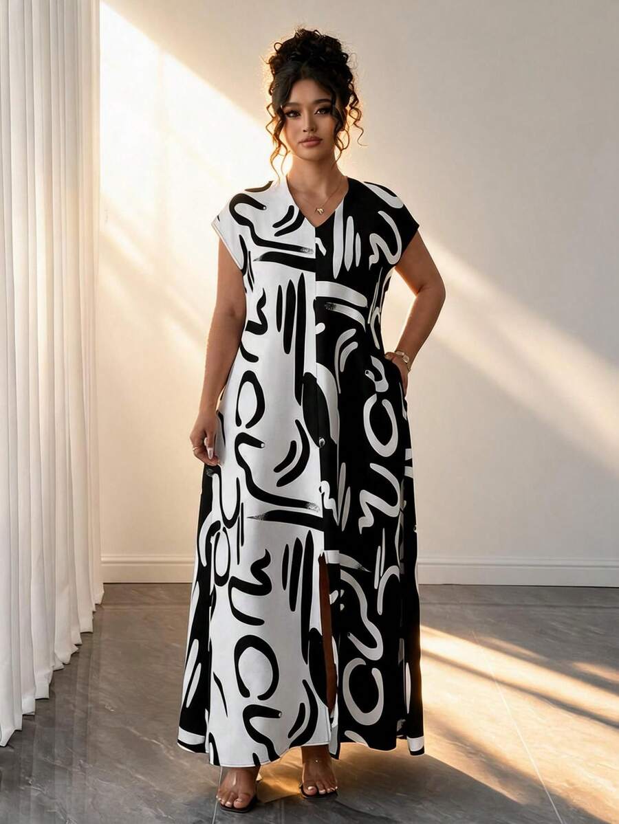 Vestido Largo Talla Grande Cuello V Manga Corta Estampado Contraste Perfecto para Citas y Fiestas Casuales - Blanco y Negro - Ver 1