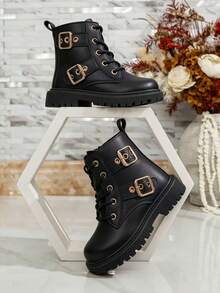 Girls' Black Motorcycle Style Ankle Boots, Metal Double Buckle Lace-Up Side Zipper Leather Boots, Thick Sole Anti-Slip Wear-Resistant Children's Autumn/Winter Work Boots - Black - View 1