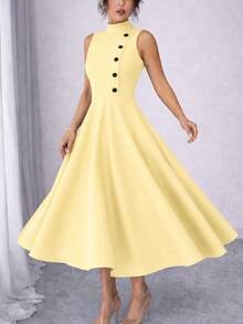 Elegant Sleeveless High Neck Midi Dress For Women, Side Button Detail, Chic Casual And Party Tailored Dress - amarelo bebe - 查看 2