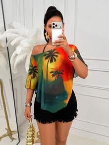 AIJ Women's Autumn Tropical Gradient Palm Tree Print Cold Shoulder Short Sleeve Loose Flowy Blouse, Suitable For Beach Vacation, Daily Casual Wear Summer - Gradient Orange-green - View 2