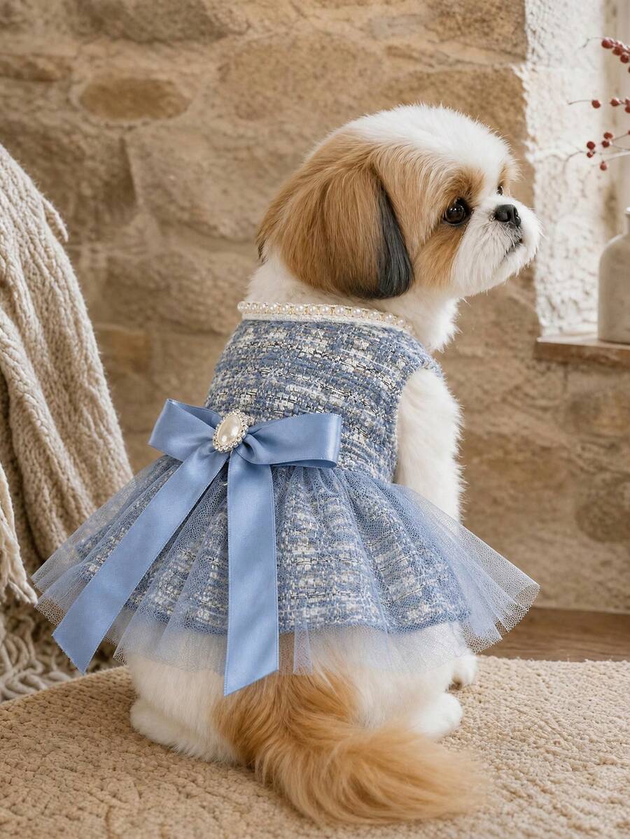 PETCIRCLE 1件寵物衣服 小狗幼犬貓咪適用 可愛寵物奢華優雅風保暖拍照裙 藍色公主香氛裙 - 彩色 - 查看 1