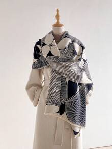 1 pieza Bufanda de diseño de cachemira sintética con patrón de trébol jacquard cálida para mujeres, manta para habitación con aire acondicionado, protección contra el frío para viajes al aire libre en otoño/invierno, calentador de cuello, bufanda decorativa chal de doble uso, adecuada para combinar a diario, primera opción para regalar - Negro - Ver 6