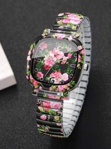 Women's Square Printed Quartz Watch, Elastic Stretch Band Printed Dial Design Wristwatch, Exquisite Gift For Girlfriend (1pc/Set) Watch Box Not Included - Black - View 6