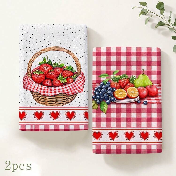 2pcs Strawberry Basket & Mixed Fruit Kitchen Towels, Red Plaid Heart Trim Farmhouse Style Decorative Hand Towels, Suitable For Kitchen, Dining Room And Home Decor - Multicolor - View 10