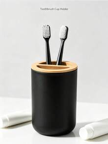 This Innovatively Designed Black Toothbrush Cup With Lid Is Made Of Durable Plastic, Perfect For Storing Oral Care Products. It Can Also Be Used As A Household Item, Toothbrush Holder, Home Decor, Storage Box, And Bathroom Personal Care Accessory. - Multicolor - View 3