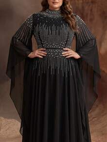 YISIKADO Plus Size Women's Flowy Chiffon Evening Gown, Rhinestone Embellished, High Neck Bell Sleeve Maxi Dress, Suitable For Prom, Wedding Guest - Black - View 7