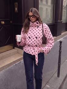 Chaqueta corta de mujer con lunares rosas, cuello alto, doble botonadura, cierre delantero, cintura con lazo, manga larga, elegante prenda exterior de otoño - Rosa - Ver 1