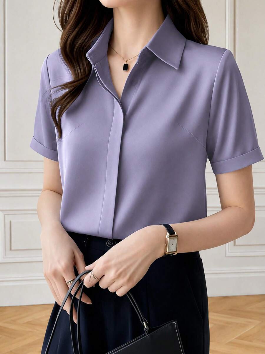 Camisa de seda de manga corta elegante y chic, estilo retro de Hong Kong, de satén, para verano y primavera