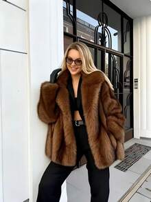 Solid Color Plush Faux Fur Coat, European Comfortable Casual Slimming Sexy Warm Fashionable - Brown - View 4