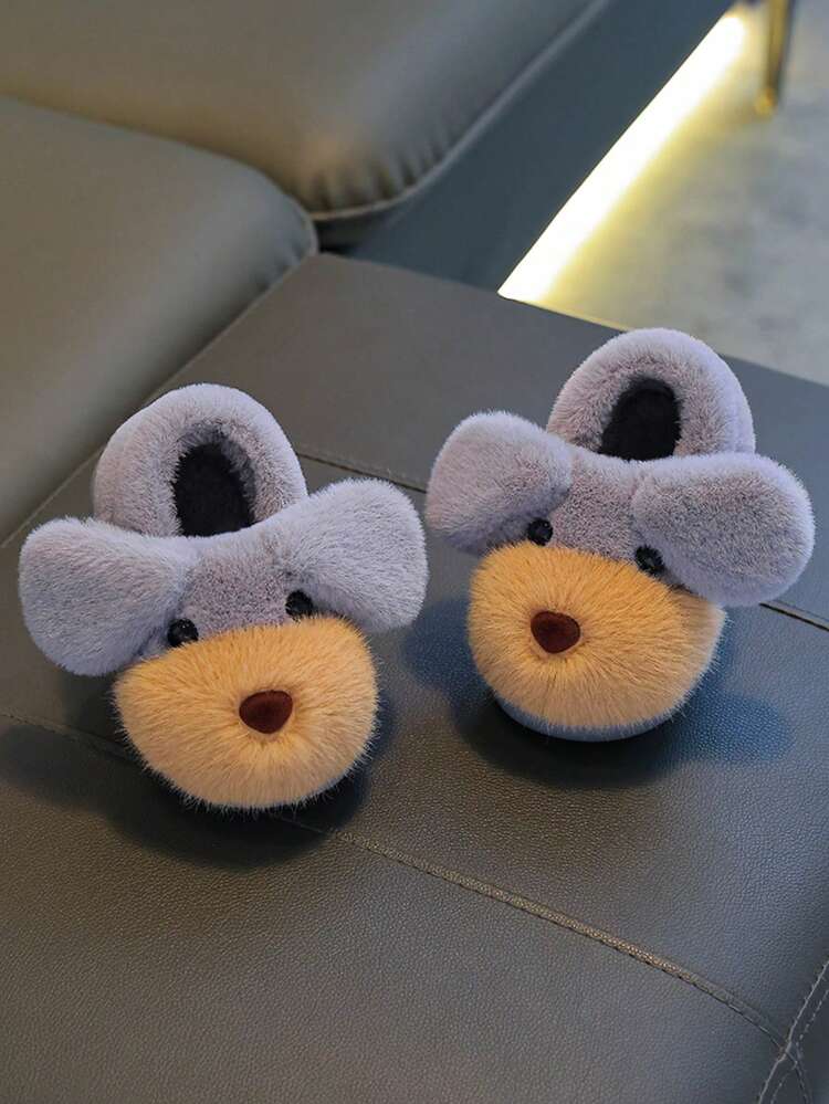 1 Pair New Winter Girls' Plush Slippers, Cute Plush Dog Design, Warm Children's Slippers, Boys' Non-Slip Indoor Shoes - Grey - View 3