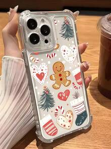 1pc Transparent Four-Corner Airbag Anti-Drop Phone Case, Christmas Atmosphere Phone Case, Transparent Base + Gingerbread Man & Christmas Socks Pattern, Raised Camera Lens, Non-Yellowing Soft Shell, Compatible With Apple 11, 12, 13, 14, 15, 16, 17 Pro Max Models, Summer Beach Style Phone Case, Suitable For Women And Girls, Compatible With Galaxy, Honor, Phones - Clear - View 1