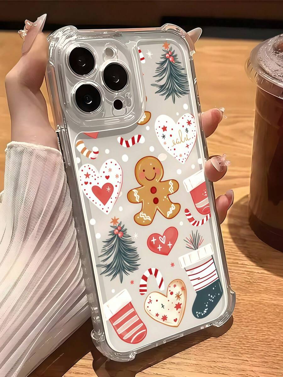 1pc Transparent Four-Corner Airbag Anti-Drop Phone Case, Christmas Atmosphere Phone Case, Transparent Base + Gingerbread Man & Christmas Socks Pattern, Raised Camera Lens, Non-Yellowing Soft Shell, Compatible With Apple 11, 12, 13, 14, 15, 16, 17 Pro Max Models, Summer Beach Style Phone Case, Suitable For Women And Girls, Compatible With Galaxy, Honor, Phones - Clear - View 1