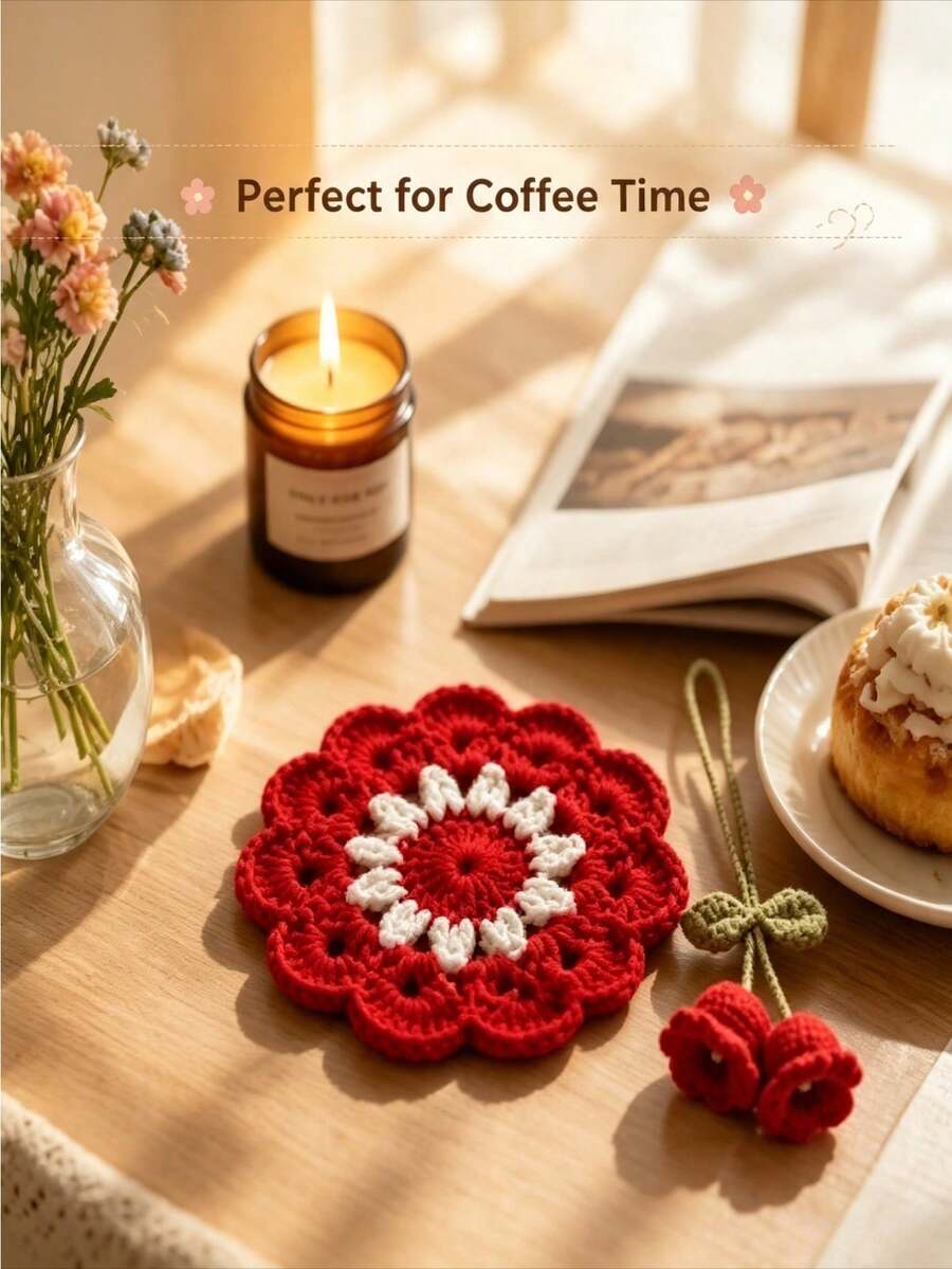 Handmade Flower Crochet Coaster Set With Hanging Ornament, Cute Red Floral Knitted Drink Coaster, Heat Resistant Table Mat For Coffee Mug, Aesthetic Home Desktop Decor - Multicolor - View 1