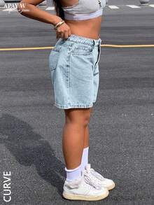 Plus Size Women's Solid Color Bermuda Denim Shorts Casual Summer - Snowflake - View 4