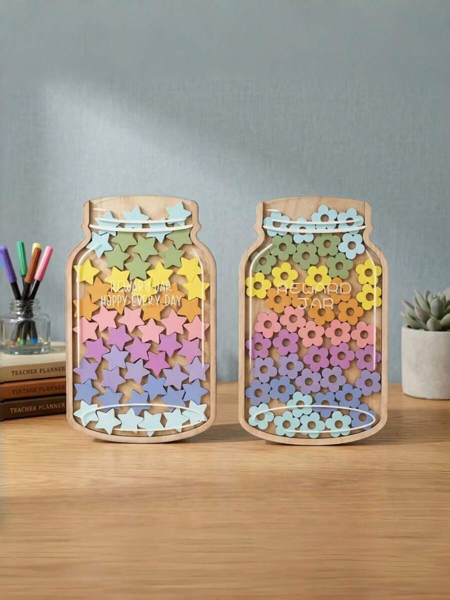 1 Set 45pcs Star & Flower Reward Jar, Vibrant Floral Design, Positive Behavior Incentive, Suitable For Office Desk & Classroom Management, Essential Tool For Educators & Professionals, Desktop Display, Back To School