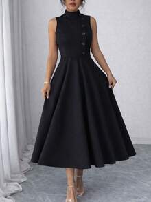 Elegant Sleeveless High Neck Midi Dress For Women, Side Button Detail, Chic Casual And Party Tailored Dress - 黑色的 - 查看 6