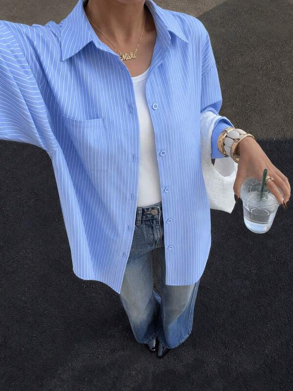 Blue & White Vertical Striped Long Sleeve Shirt, Loose & Slimming Casual Shirt With Striped Front Button Pockets Vacation