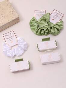 12pcs Wedding Bridesmaid Proposal Gift Set, Sage Green, Champagne, Pink Scrunchies With Cardboard Gift Decoration, Square Claw Clips Combination, Perfect Party Women Hair Accessories Set - Multicolor - View 5
