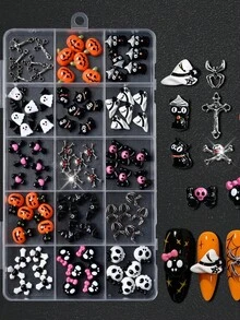 15-Grid Cute & Spooky Halloween Mixed Nail Art Charms, 3D Resin Pumpkin, Ghost, Black Cat, Bat, Bow, Skull & Silver Cross Alloy Nail Studs, Cute Gothic Style Mini Nail Decorations, Holiday DIY Nail Art Supplies - Multicolor - View 4