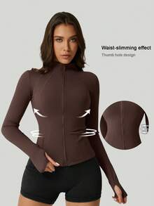 1 buah Jaket Olahraga Wanita Motif Tulang Ikan Warna Hitam, Mantel Yoga Pas Badan dengan Karet Elastis - Coffee Brown - View 1