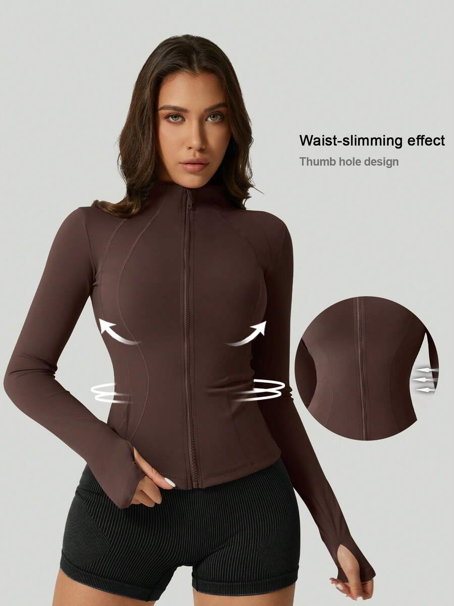 1 buah Jaket Olahraga Wanita Motif Tulang Ikan Warna Hitam, Mantel Yoga Pas Badan dengan Karet Elastis - Coffee Brown - View 1