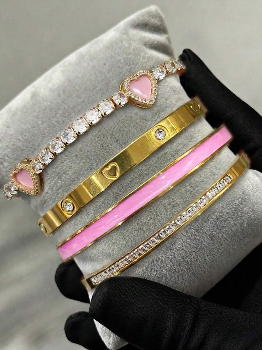 1/4件套18K镀金不锈钢心形扣手链，镶嵌立方氧化锆，女士珠宝套装，适合日常佩戴、音乐节、派对礼物