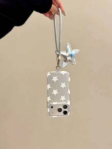 Korean Style Silver Background Full Screen White Stars English Lettering Phone Case Compatible With Iphone 17 Pro Max, Apple 16, 15 Pro Max With Matching Star Pendant - Multicolor - View 5
