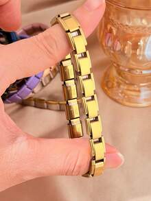 Colors Stainless Steel Square Link Bracelet, 18K Gold Plated Waterproof Stackable Chain Wrist Jewelry For Ladies - Multicolor - View 5