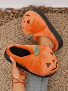 Halloween Pumpkin Party Slippers Women's Winter Home Fashion Indoor Slip-On Fuzzy Warm Shoes - Orange - View 3