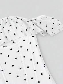 Apperloth A Áo corset nữ thanh lịch họa tiết chấm bi dáng ôm, phối lưới bèo nhún, thắt dây sau lưng, kiểu bandeau hở vai, có gọng định hình cho mùa hè - Chấm bi trắng - Xem 9