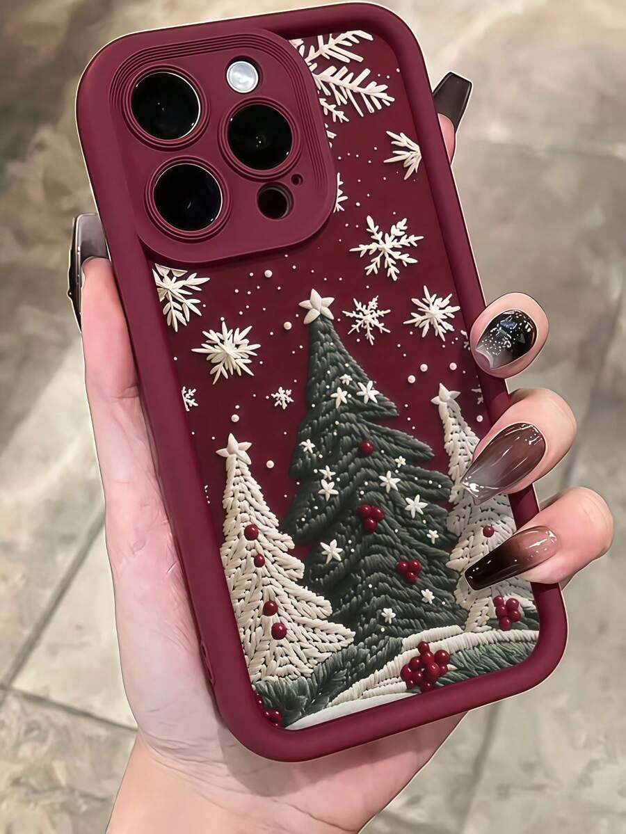 1pc Christmas Phone Case With 3D Embroidered Christmas Tree And Snowflake Pattern, Burgundy Leather Frame Shockproof Soft TPU Protective Cover, Compatible With GALAXY, HONOR, Phones - Burgundy - View 1