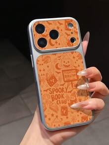 1pc Electroplated Silver Large Full-Screen Camera Window Phone Case, Spooky Book Club Theme, Pumpkin Ghost + Witch Element Pattern With Shockproof Function, Soft Protective Coating, Compatible With Apple 11, 12, 13, 14, 15, 16, 17 Pro Max Models, Minimalist Cute & Exquisite Phone Case Designed For Women And Girls - Silver - View 1