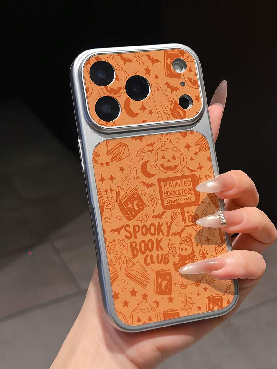 1pc Electroplated Silver Large Full-Screen Camera Window Phone Case, Spooky Book Club Theme, Pumpkin Ghost + Witch Element Pattern With Shockproof Function, Soft Protective Coating, Compatible With Apple 11, 12, 13, 14, 15, 16, 17 Pro Max Models, Minimalist Cute & Exquisite Phone Case Designed For Women And Girls - Silver - View 1