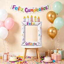 Handheld Candle Birthday Cake Photo Frame Balloon Spanish Happy Birthday Print Feliz Cumpleaños Birthday Party Anniversary Decoration - Multicolor - View 4