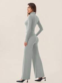 TimeOff Women's One Set Autumn/Winter Solid Color Stand Collar Jacket & High Waist Straight Leg Wide Leg Pants - Grey - View 10