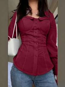 Elegante Damen-Bluse für den Arbeitsalltag, schmale Passform, mit Umlegekragen, langen Ärmeln, Knopfleiste vorne, Bindegürtel hinten und Taillen-Falten, einfarbig Rot - Rot - Übersicht 4