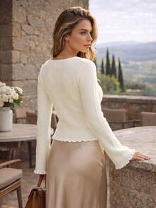Women Autumn White Ribbed Knit Cropped Cardigan Gold Button Front Round Neck Flare Sleeve Curved Hem Casual Going Out Tops - White - View 2